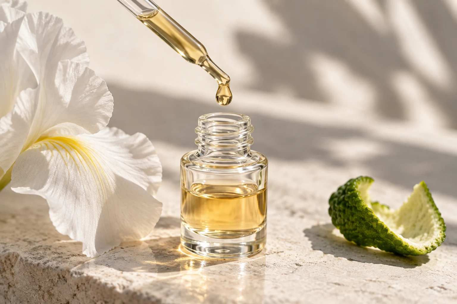 تكوين فني لقطرة عطر وزهرة بيضاء ونفحات حمضية